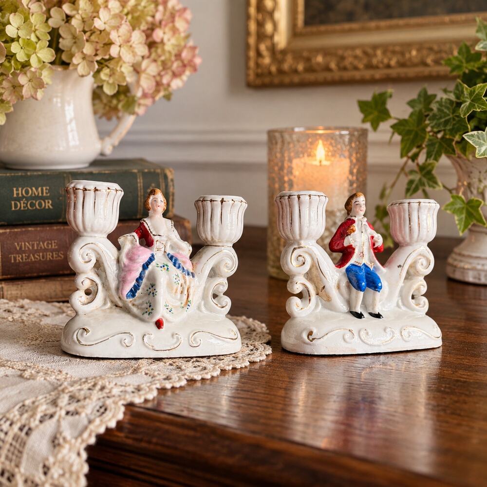 Made in Occupied Japan Colonial Couple Porcelain Candle Holders Pair